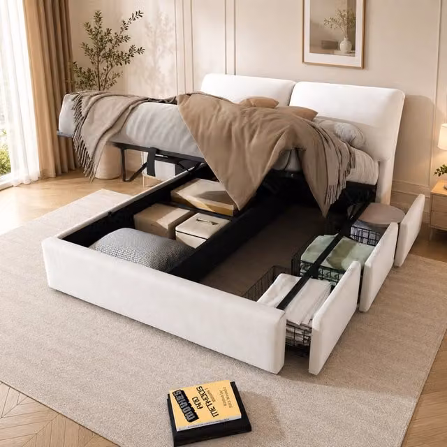 Letto contenitore 140x190 cm; matrimoniale con contenitore idraulico; 3 cassetti; rete a doghe; testiera; velluto; beige