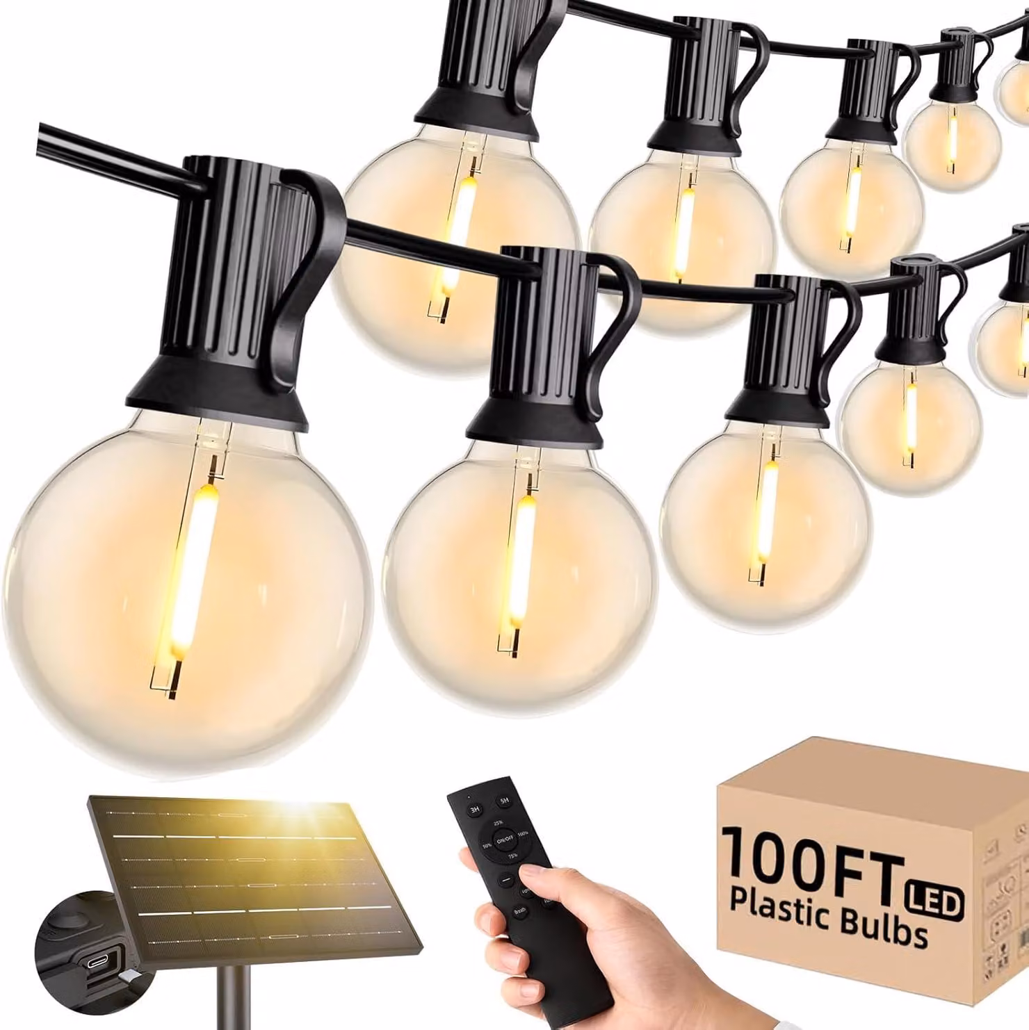 Catena luminosa solare da 30 metri, con dimmer, telecomando, grado di protezione IP65, luce bianco caldo