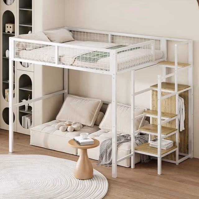 Letto a castello moderno per bambini con scala e armadio, struttura in metallo e MDF, bianco, L/P/H: 140 x 200 cm