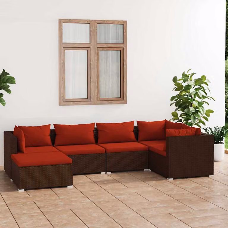 Set di divani da giardino vidaXL 6 pezzi in rattan marrone con cuscini e struttura in metallo per esterno