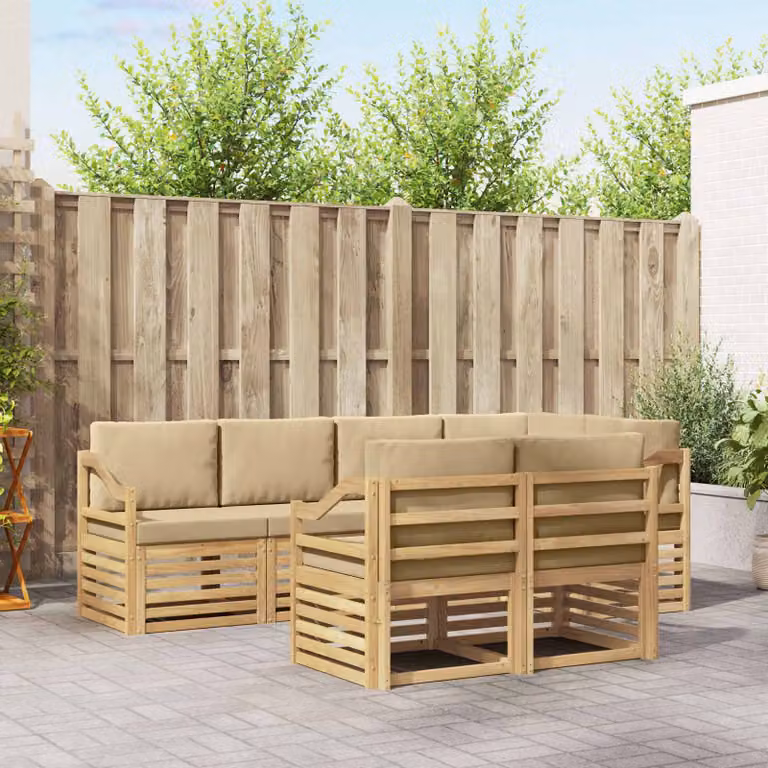 Set di divani da esterno vidaXL 7 pz a forma di L in legno di acacia con cuscini bianchi e beige