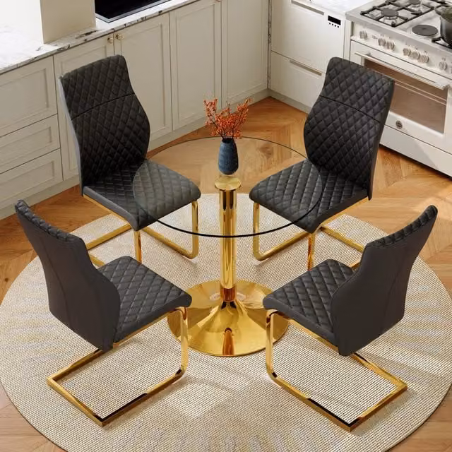 Set tavolo da pranzo rotondo in vetro temperato e 4 sedie nere e oro