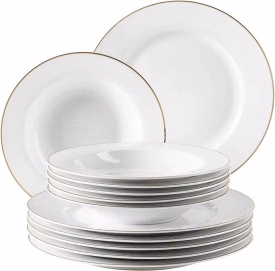 Set da pranzo professionale per 6 persone in bianco con bordo dorato - 12 pezzi di porcellana da tavola