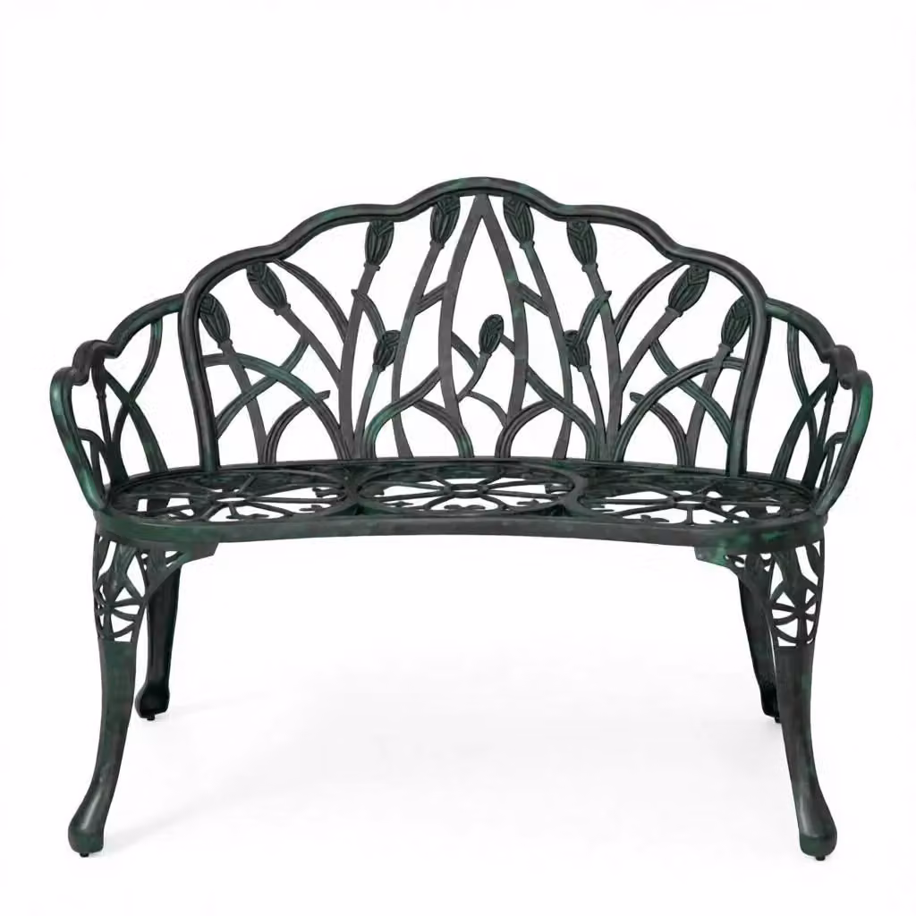 Panca da giardino Chicfurn con design floreale in alluminio verde antico, resistente alle intemperie e con braccioli, portata massima 240 kg – 2