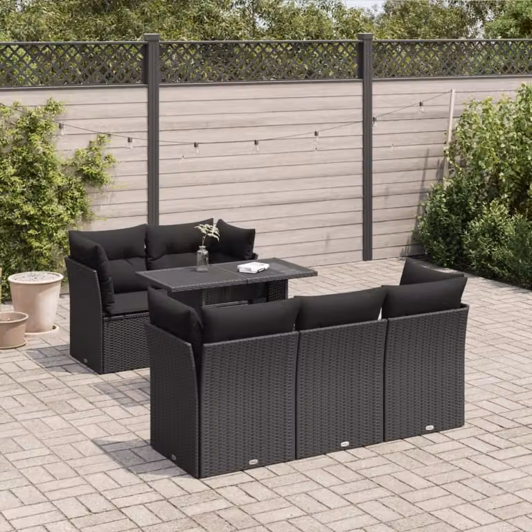Set Divano da Giardino vidaXL 6 Pezzi a Forma di L con Tavolino e Cuscini Neri in Polyrattan e Acciaio