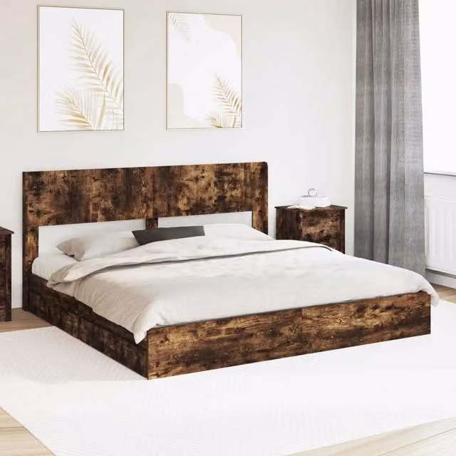 Struttura del letto con stoccaggio e testata-Giroletto con contenitore Rovere Fumo 424375