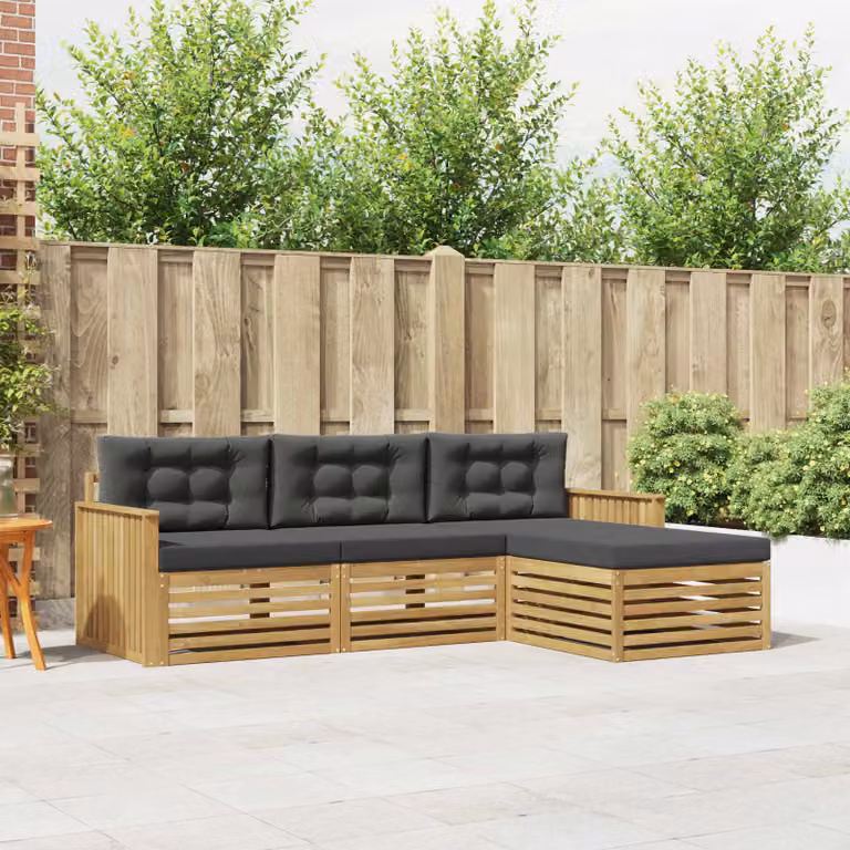 vidaXL Set di divani da esterno a L in legno di acacia con pouf, 4 pezzi, Bianco e Antracite