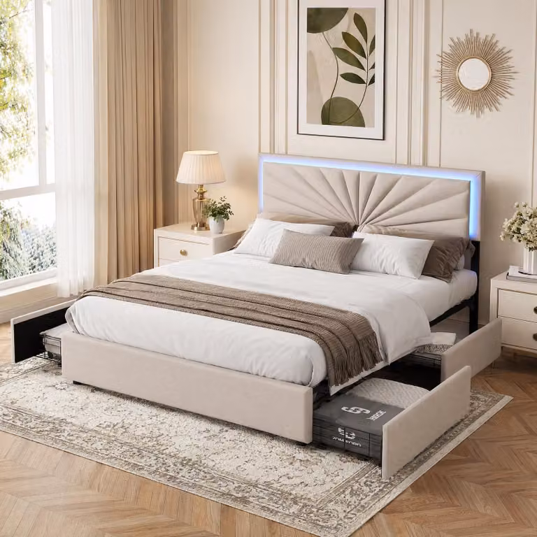 Letto imbottito INONEFT, 160 x 200 cm, con LED, letto matrimoniale con 4 cassetti e rete a doghe, letto per ragazzi, letto contenitore, letto classico, colore: lino, beige