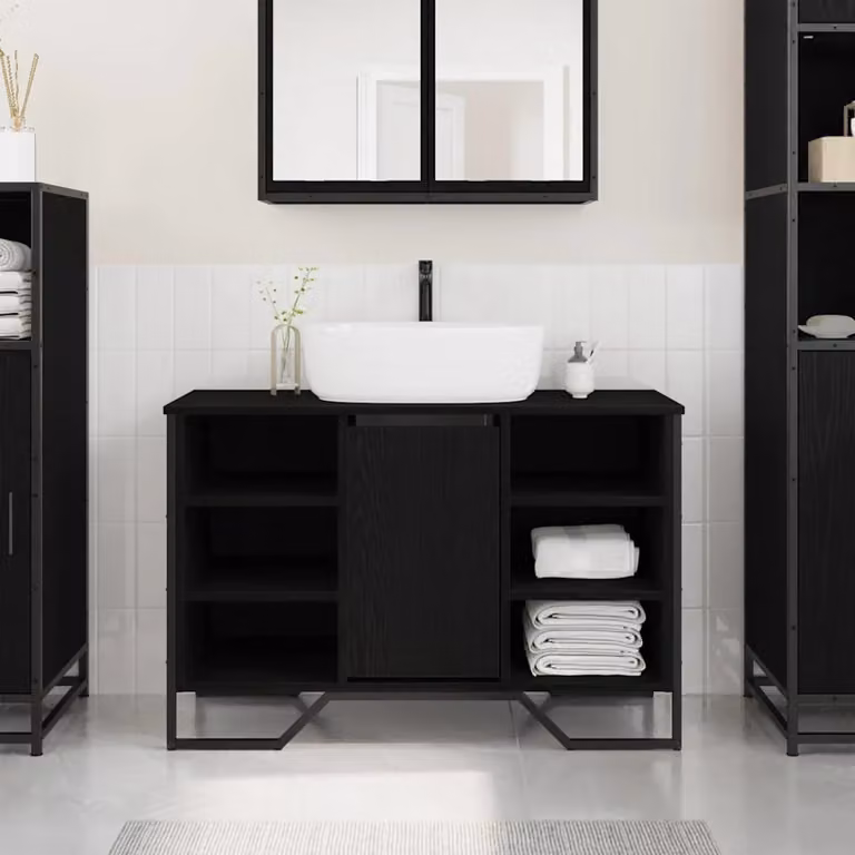 Armadio per lavabo da bagno vidaXL in stile minimalista, colore nero opaco, L: 91 cm, P: 35 cm, H: 60 cm