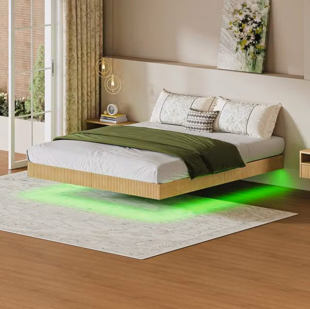 Letto 180 x 200 cm effetto sospeso con LED RGB, struttura in metallo e rovere chiaro