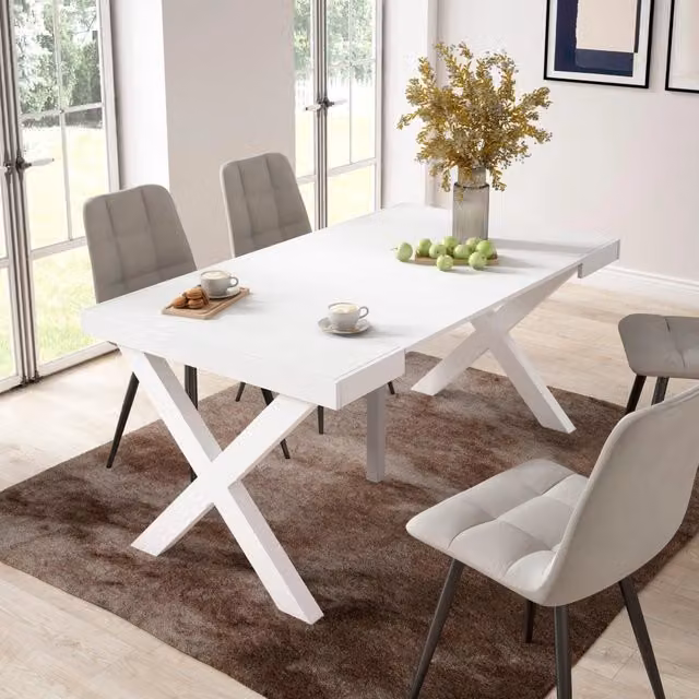 Consolle allungabile, 58 fino 160x90x73cm, Per 8 persone, Gambe in legno, Bianco RF2734