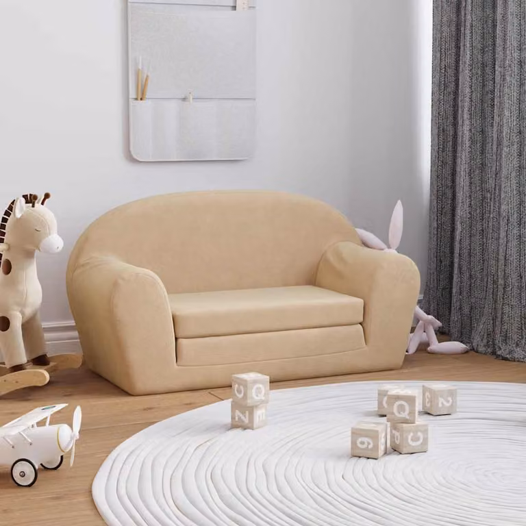 vidaXL Divano Letto per Bambini a 2 Posti in Morbido Peluche, Colore Beige, L: 84 cm, P: 34 cm, H: 45 cm