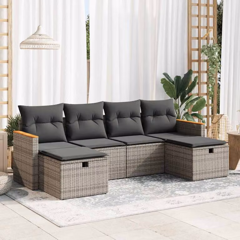 Set Divano da Giardino vidaXL 6 pz in Polyrattan Grigio con Cuscini e Forma a L