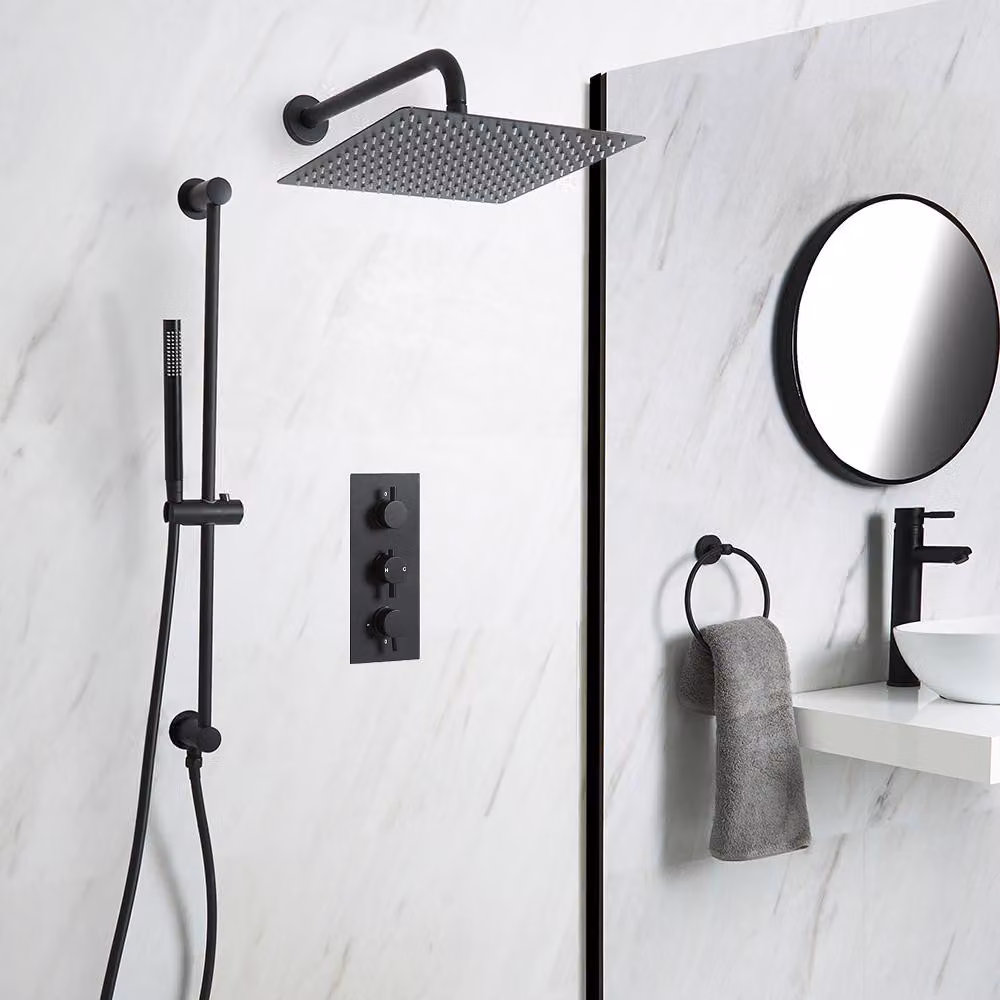 Sistema Doccia Termostatico Nero con Soffione Quadrato da 300mm, Asta Saliscendi e Doccetta (2 Vie) - Nox