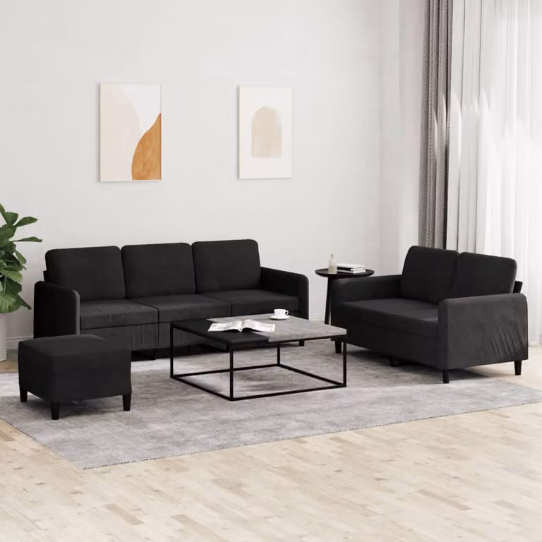 Set di divani 3 pezzi vidaXL in velluto nero con pouf e cuscini per soggiorno moderno