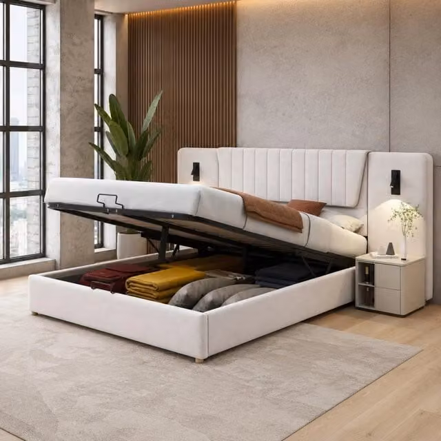 Letto imbottito 180x200 cm con luci da lettura USB; contenitore idraulico in velluto beige