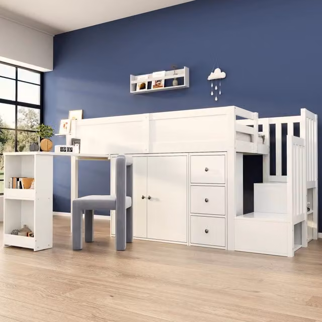 Letto a soppalco per bambini con scrivania e armadio, 90x200 cm, bianco