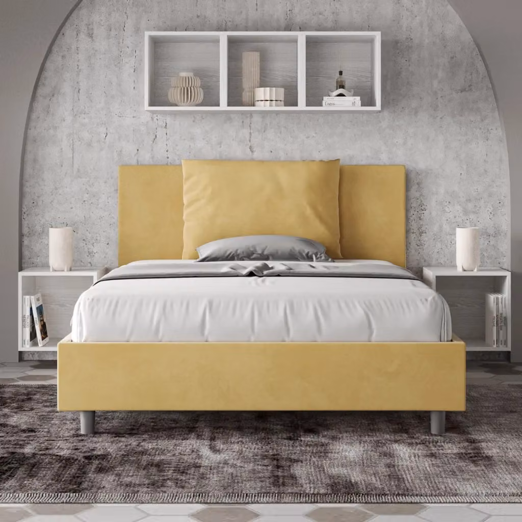 Letto Matrimoniale Moderno GIORDANOSHOP in Legno MDF con Rivestimento in Microfibra Gialla L: 212 cm, P: 215 cm, H: 110 cm – 2