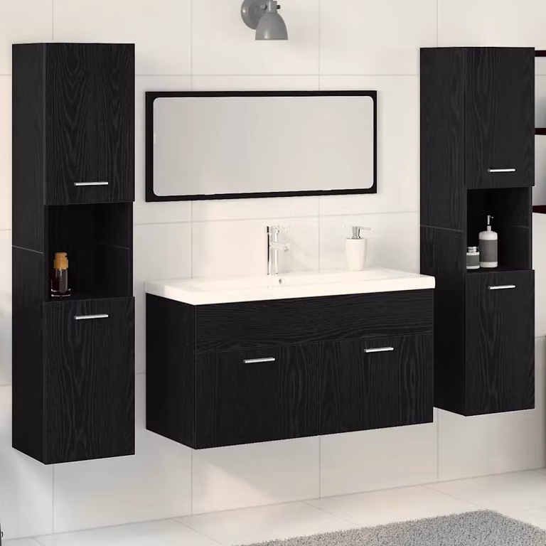 Set di mobili per il bagno vidaXL 4 pezzi nero opaco con vanità, specchio e ripiani interni L/P/H: 30 x 30 x 130 cm