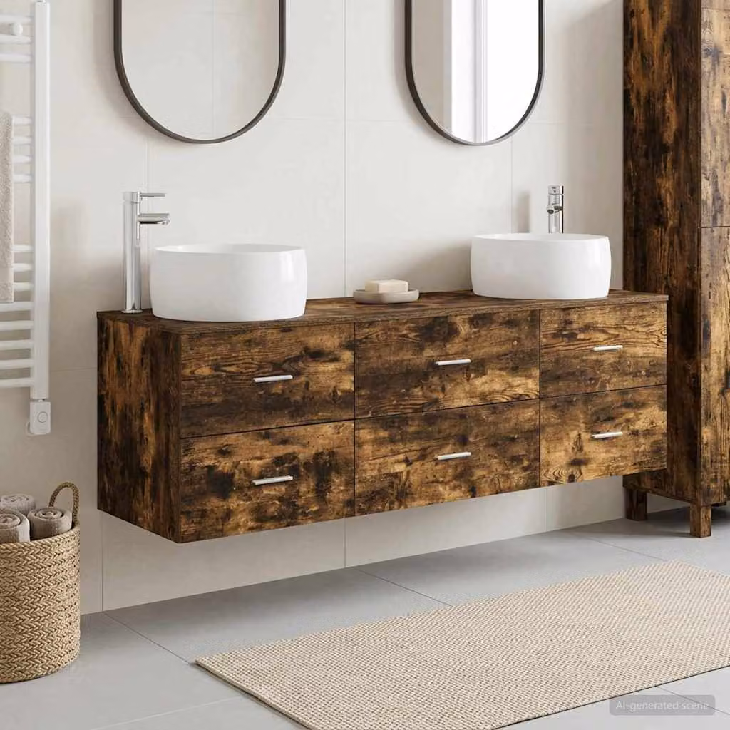 Set di mobili per il bagno moderno vidaXL in 3 pezzi colore rovere fumo con cassetti e ante, L: 49,5 cm, P: 44,5 cm, H: 66 cm
