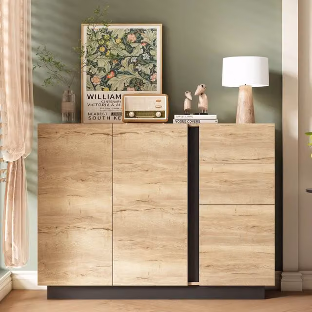 Credenza 120x35,5x90,5 cm naturale e nera - 4 cassetti, 2 ante