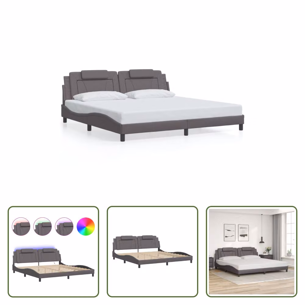 The Living Store Struttura letto con LED grigio 200x200 cm in ecopelle