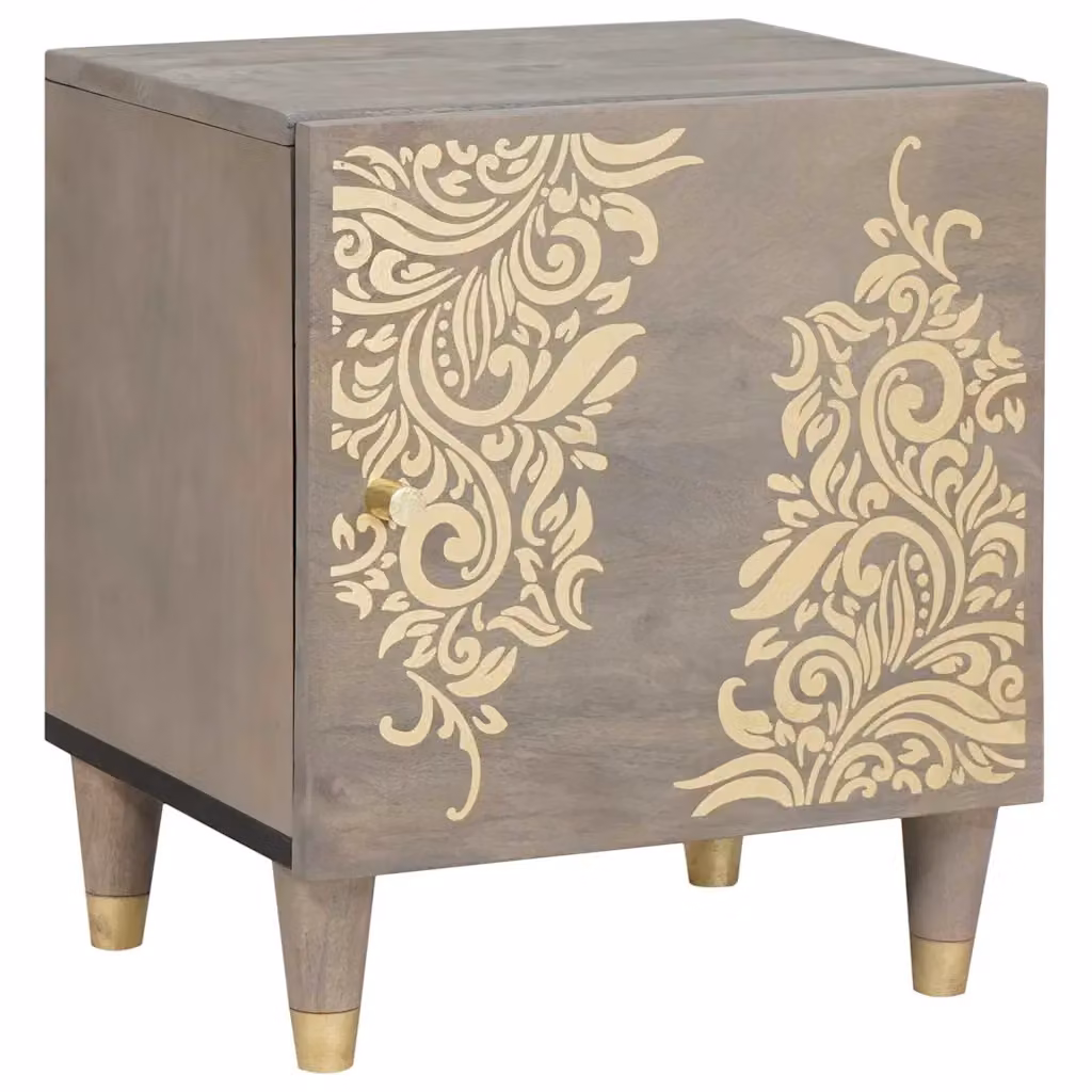 Comodino moderno vidaXL in legno di mango con dettagli in metallo, Grigio, L 40 cm x P 33 cm x H 46 cm