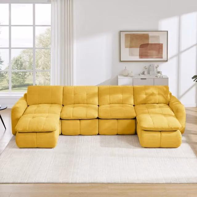 Divano modulare a U OKWISH in tessuto chenille giallo per soggiorno, L: 334 cm, P: 160 cm, H: 68 cm