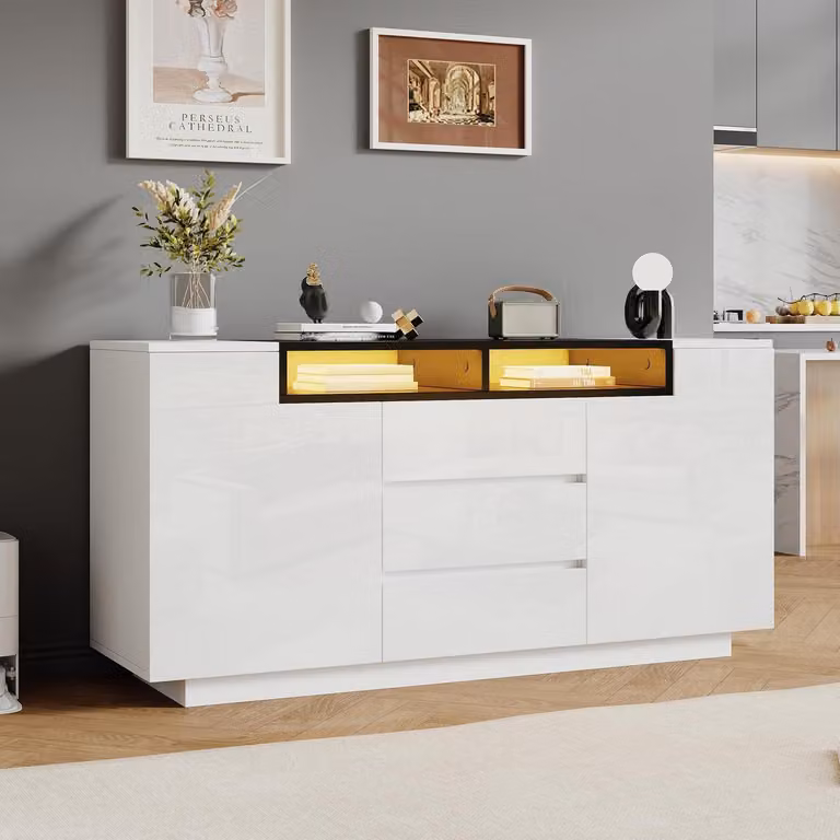 Mobile contenitore con illuminazione a LED, 3 cassetti, 2 ante, finitura lucida bianca, dimensioni 140x60x48 cm