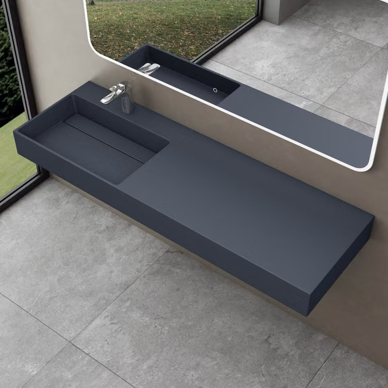 doporro Lavabo Bagno Sospeso Lavabo da Appoggio Rettangolare in Marmo Resina Antracite Opaco, Vasca a Sinistra 150x48x13 cm con 1 Foro Rubinetto e Piletta Scarico, Colossum12