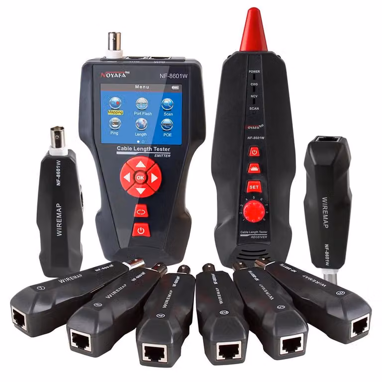 Tester per cavi di rete - NF-8601W - Misurazione della lunghezza dei cavi - Test PoE e Ping - Localizzatore di linee - 8 moduli remoti - Batteria inclusa