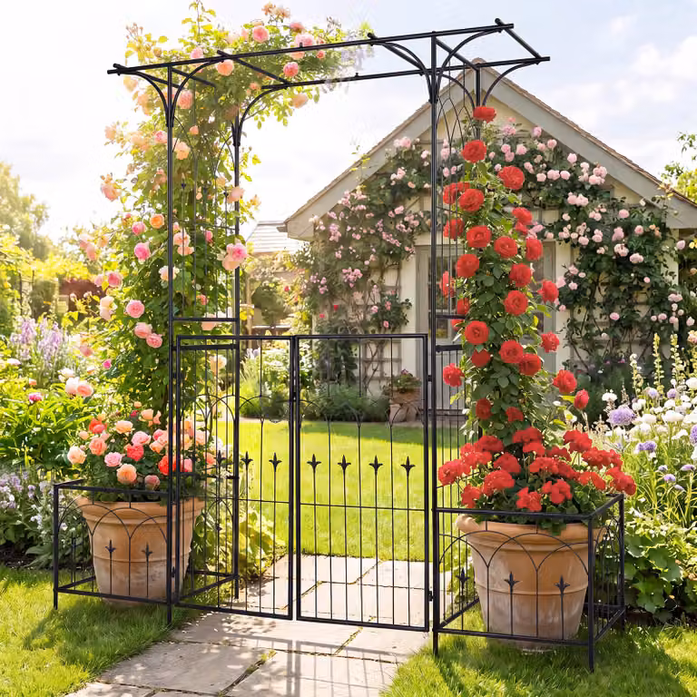 Arco da giardino Costway in metallo nero con porte e fioriere, traliccio decorativo per piante rampicanti e rose