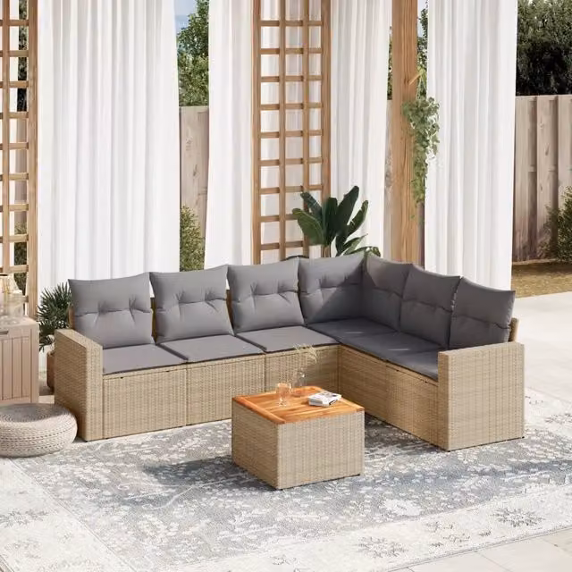 Set Divani da Giardino 7 pz con Cuscini Beige in Polyrattan 3224141