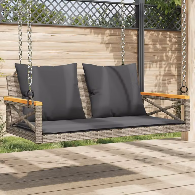 Panchina dondolo vidaXL in polyrattan grigia con cuscini in tessuto resistente ai raggi UV L: 109 cm, P: 62 cm, H: 40 cm