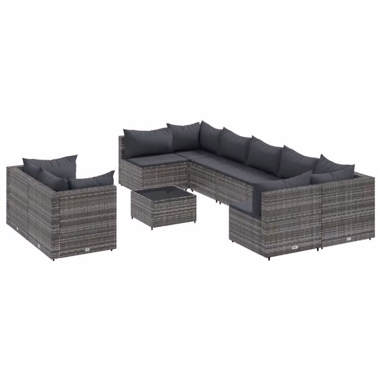 Set Divano da Giardino 10 pz con Cuscini Grigio in Polyrattan
