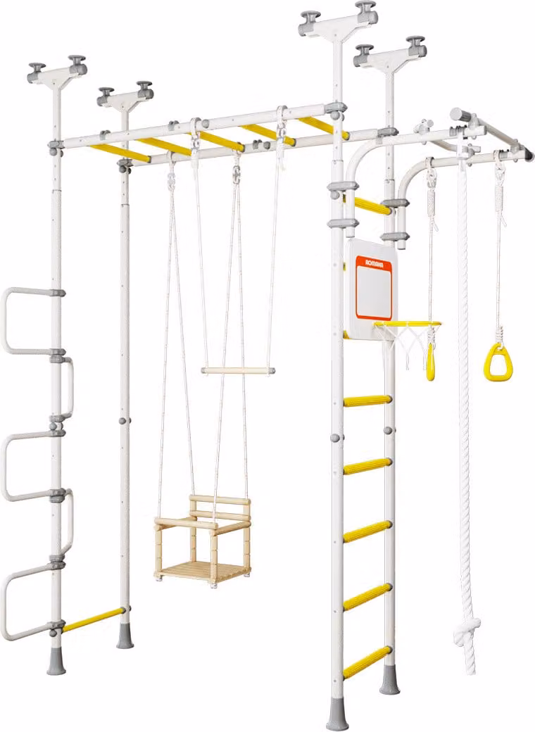 Spalliera per bambini: struttura da arrampicata da interno in metallo con corda da ginnastica e manubrio scorrevole – Pegas 2, giallo