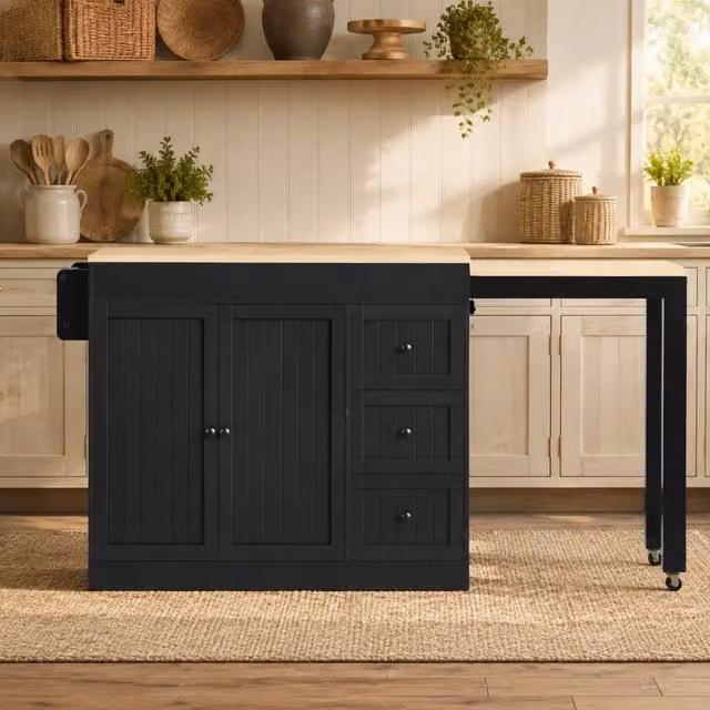 isola da cucina con ruote nera, piano estensibile, portaspezie e 3 cassetti
