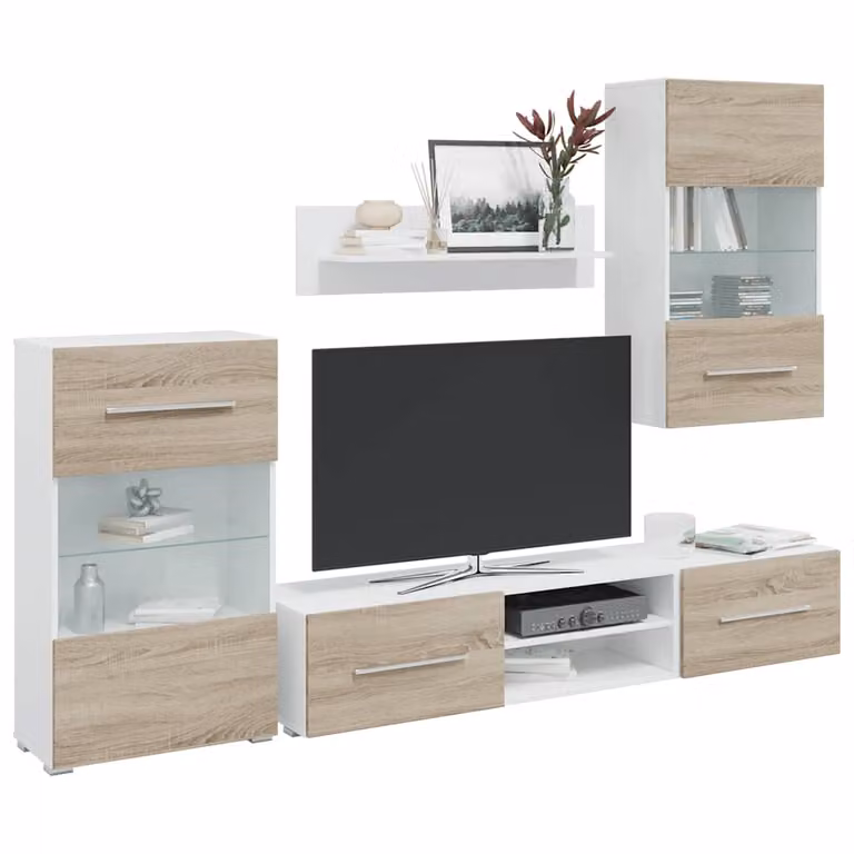 Mobile TV vidaXL con illuminazione a LED in MDF, colore Rovere Sonoma e Bianco, design moderno per soggiorno
