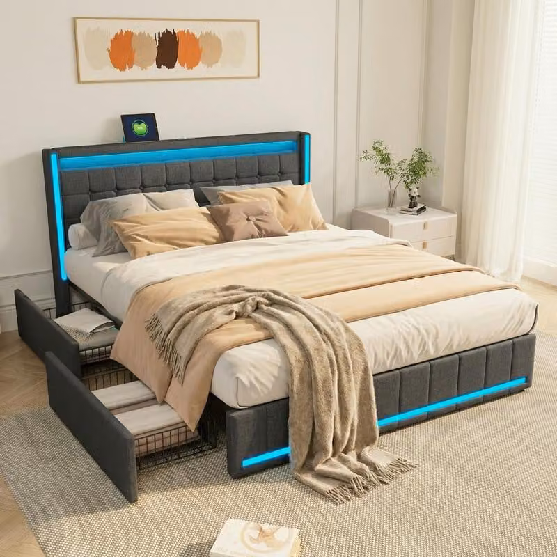 ProximaX: letto imbottito moderno 140x200 cm, grigio scuro, con LED RGB, 4 cassetti, porta USB e porta Type-C
