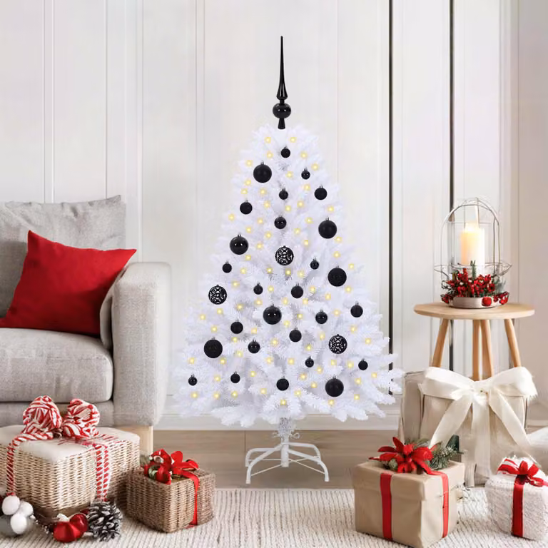 Albero di Natale Artificiale Moderno vidaXL con LED e Rami Pieghevoli in PVC e Metallo, Bianco, Altezza: 120 cm