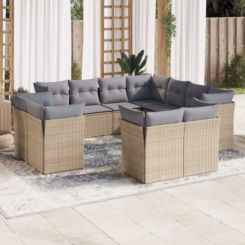 vidaXL Set Divani da Giardino 11 pz a Forma a U in Polyrattan con Cuscini Beige e Grigio e Struttura in Acciaio