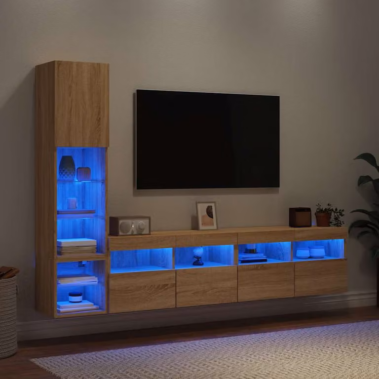 Mobile TV a muro vidaXL con 4 LED in legno multistrato e MDF, colore Rovere Sonoma, finitura opaca