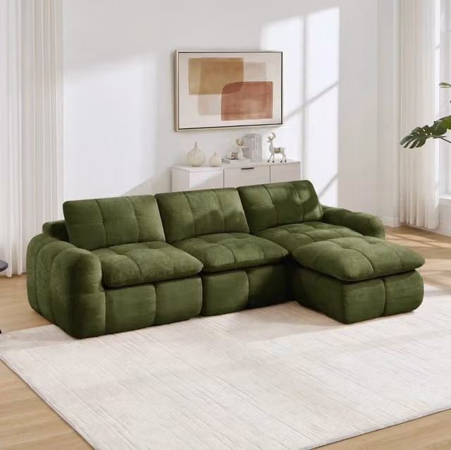Divano modulare senza struttura con ottomana in ciniglia verde; 264 x 160 x 68 cm