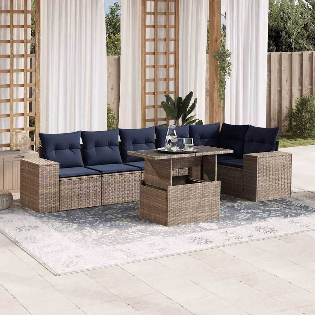 Set da giardino vidaXL in polyrattan grigio composto da 7 pezzi con cuscini inclusi