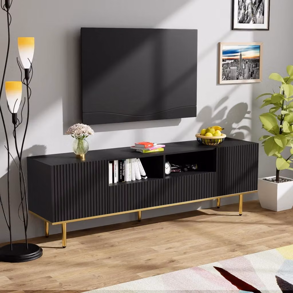 Mobile porta TV OKWISH moderno in legno nero con dettagli dorati, 2 vani e 2 cassetti con apertura a pressione per il tuo soggiorno, L: 165 cm, P: 36 cm, H: 55 cm – 2