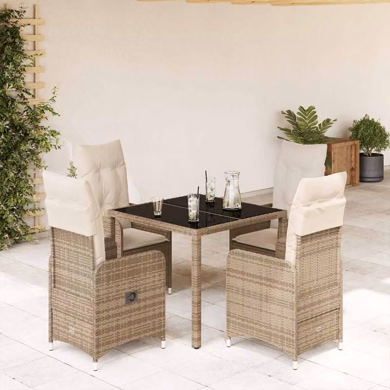 vidaXL Set da Bistrò da Giardino 5 pz in Polyrattan con Cuscini Beige e Piano in Vetro