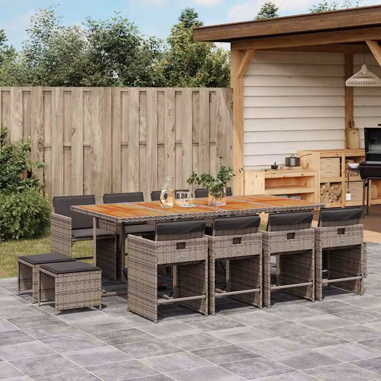 Set da Pranzo da Giardino vidaXL in Polyrattan e Legno di Acacia, 13 Pezzi, Grigio e Marrone