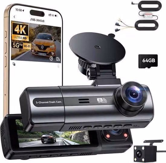 Dashcam 4K con kit di cablaggio – Scheda SD da 64 GB, sistema di monitoraggio a 3 canali con visione notturna, angolo di visione ampio a 170°, WDR, sensore G, registrazione continua