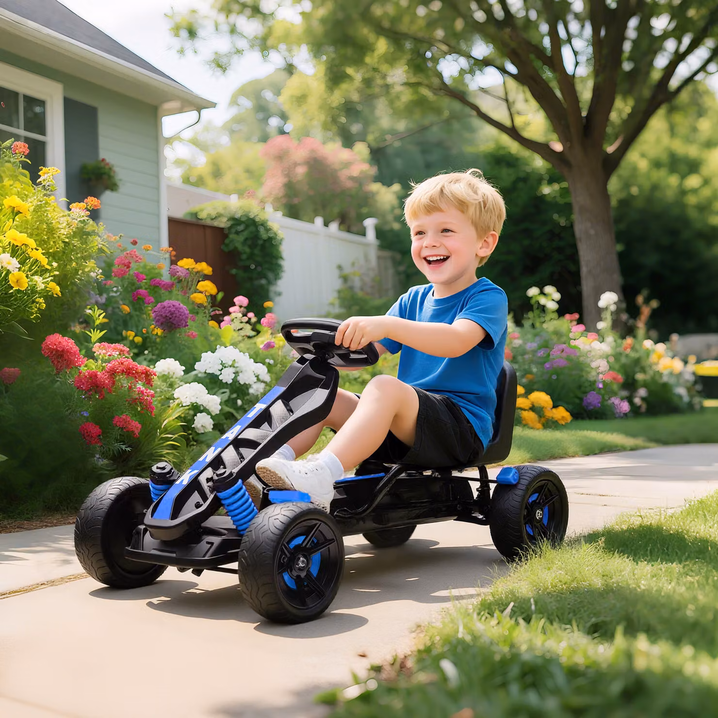 Go Kart a Pedali AIYAPLAY per Bambini 3-6 Anni, Blu, con Portabicchieri e Ruote in EVA Antiscivolo, Portata 50 kg – 2