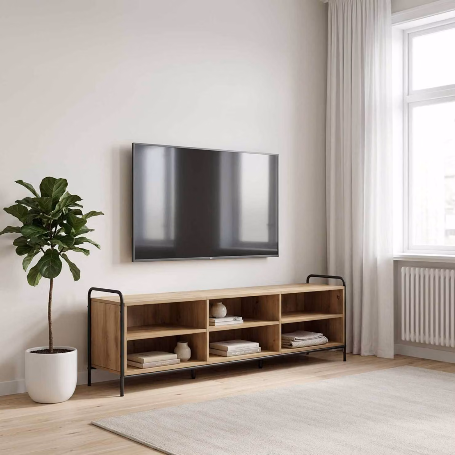 Mobile TV vidaXL in Rovere Artigianale con Ruote e Scomparti Media, L 140 cm x P 39,5 cm x H 50 cm